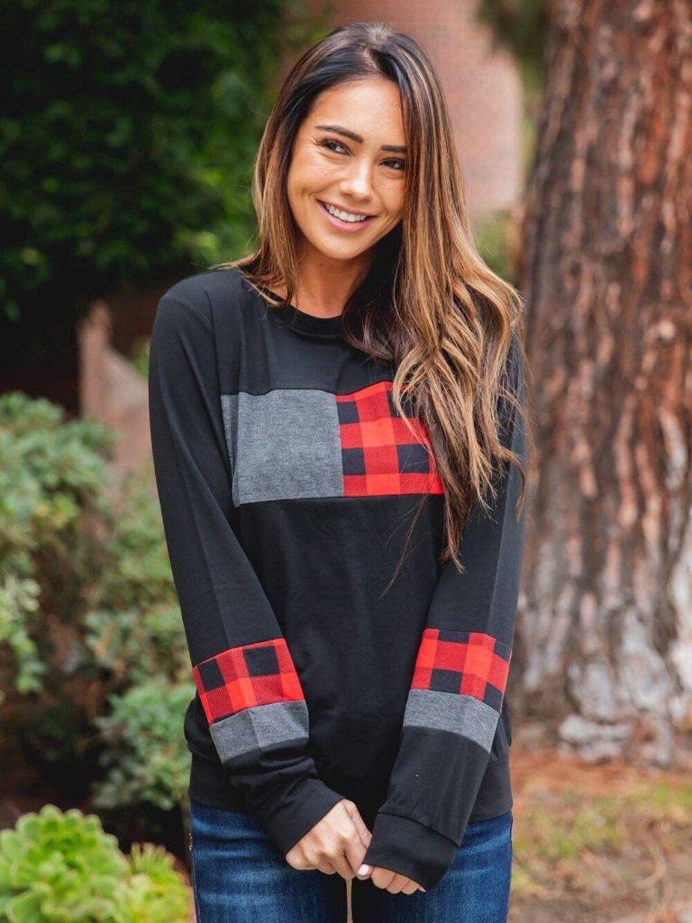NWT The Bonnie Colorblock Plaid Top Black/Red Size Medium
